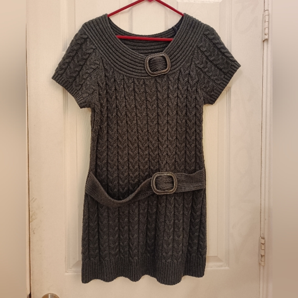 Gray Knit Dress with Belt